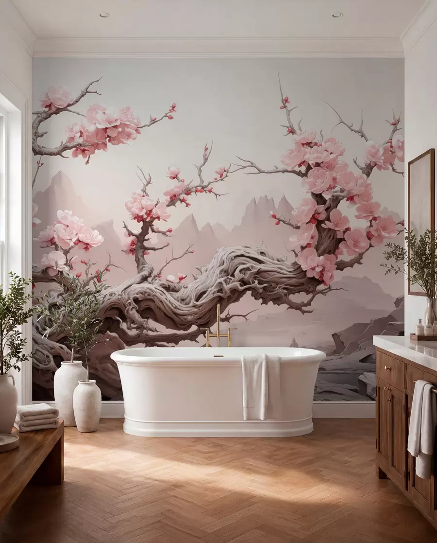 wall murals Увијено дебло дрвета са цветајућом ружичастом сакуром w09388