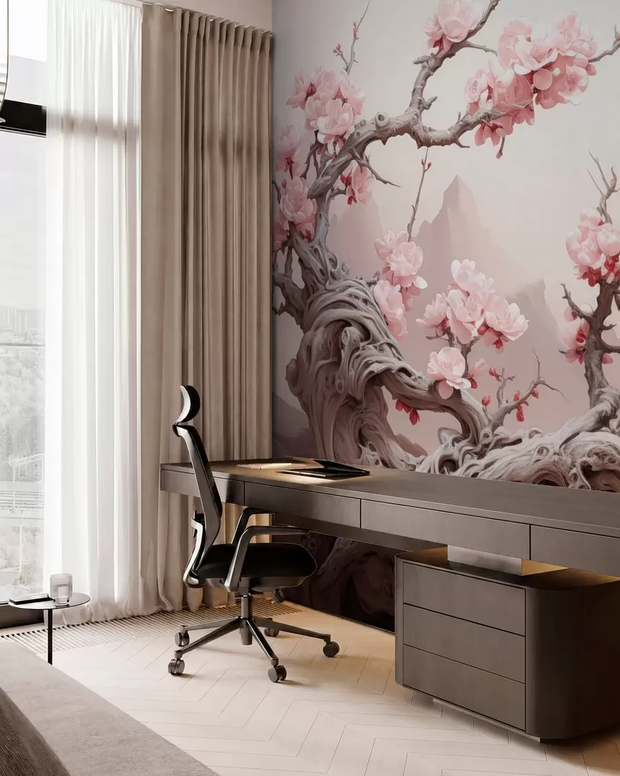 wall murals Увијено дебло дрвета са цветајућом ружичастом сакуром w09388