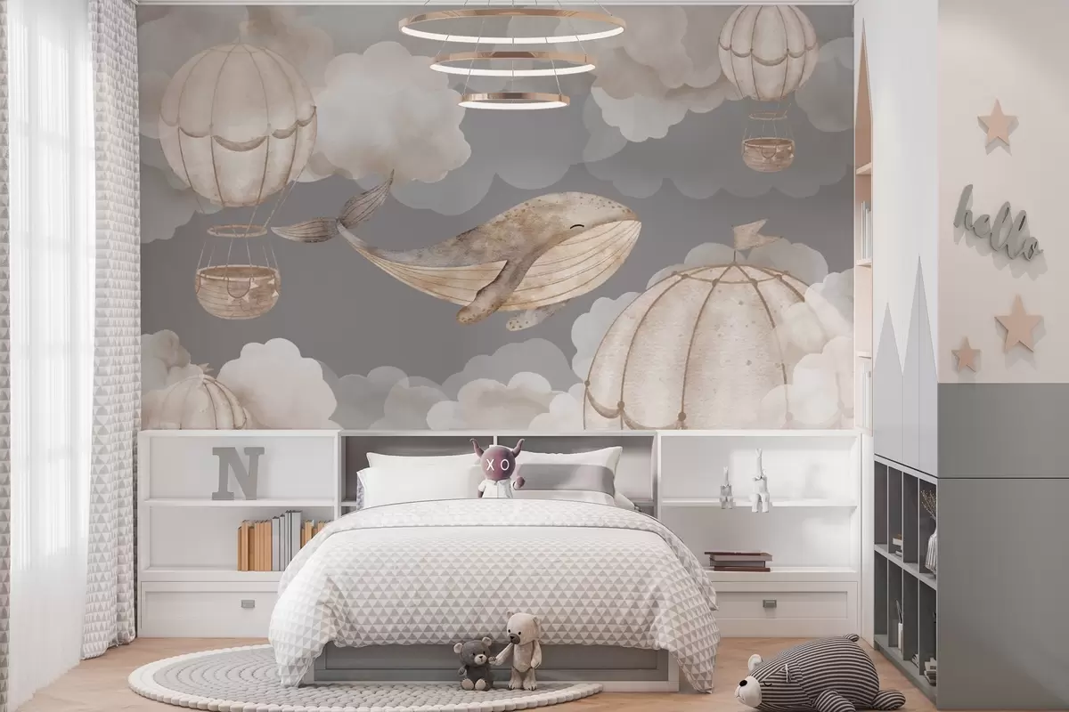 wall murals Кит и балони на врући ваздух међу меким облацима w04522