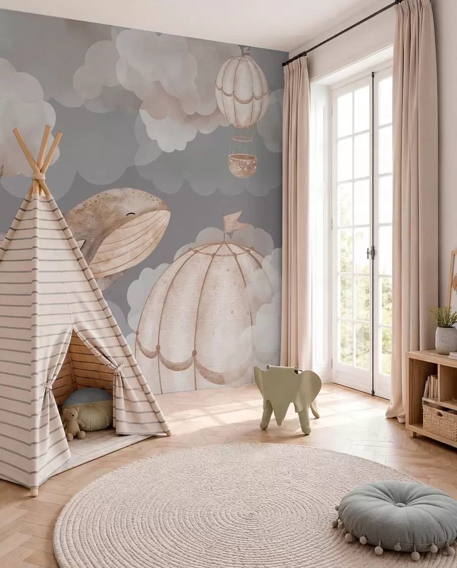 wall murals Кит и балони на врући ваздух међу меким облацима w04522