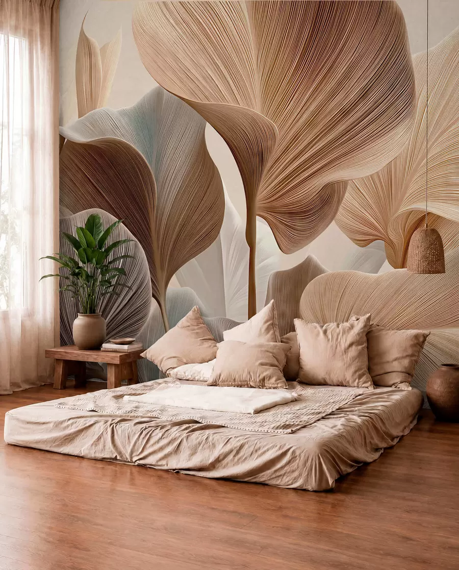 wall murals Елегантни беж листови са фином линеарном текстуром w04549