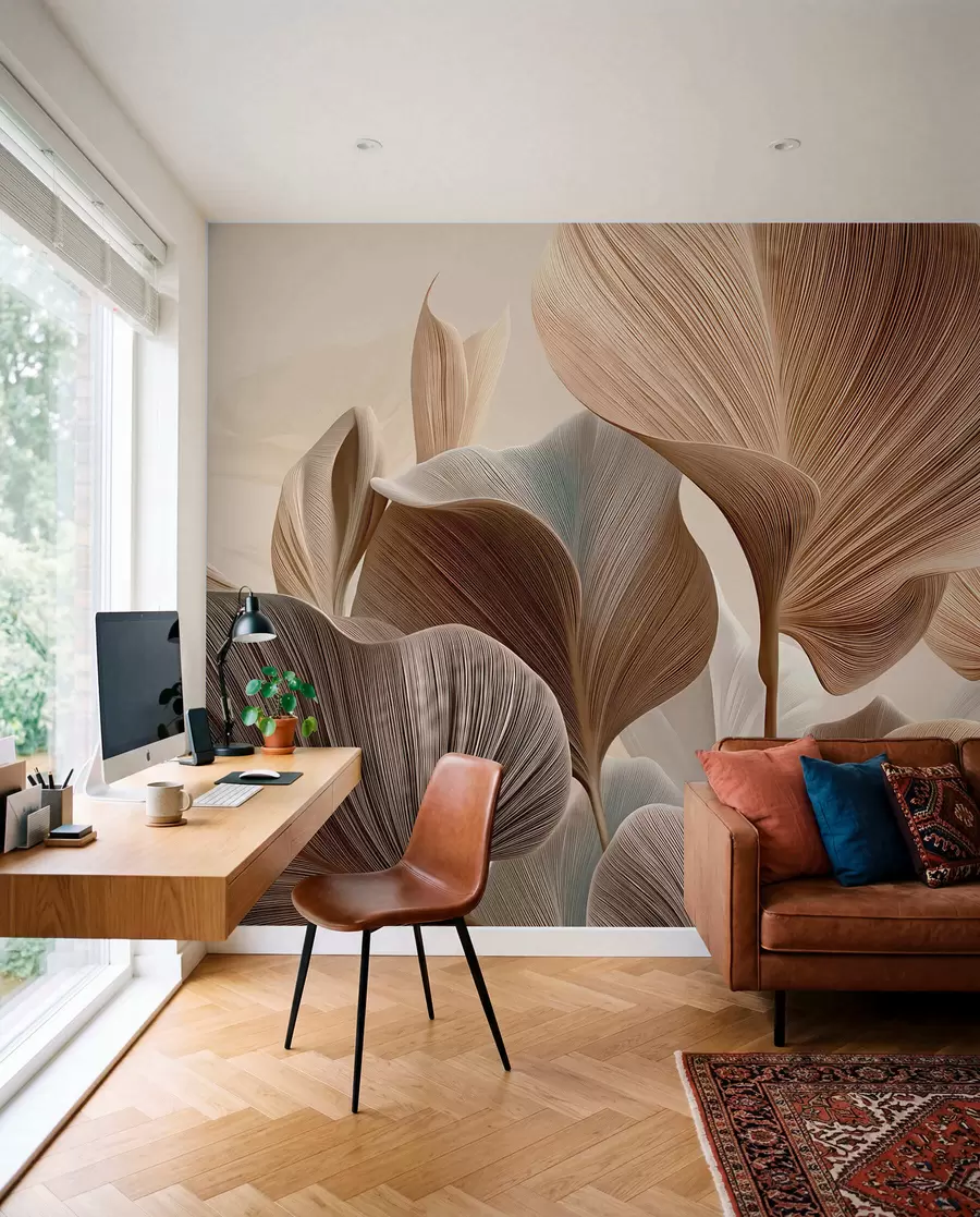 wall murals Елегантни беж листови са фином линеарном текстуром w04549