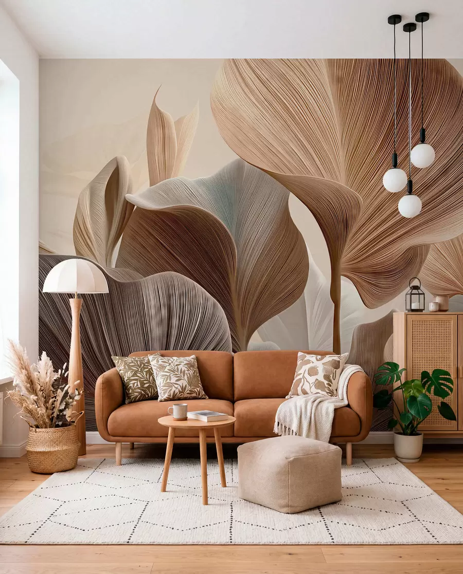 wall murals Елегантни беж листови са фином линеарном текстуром w04549