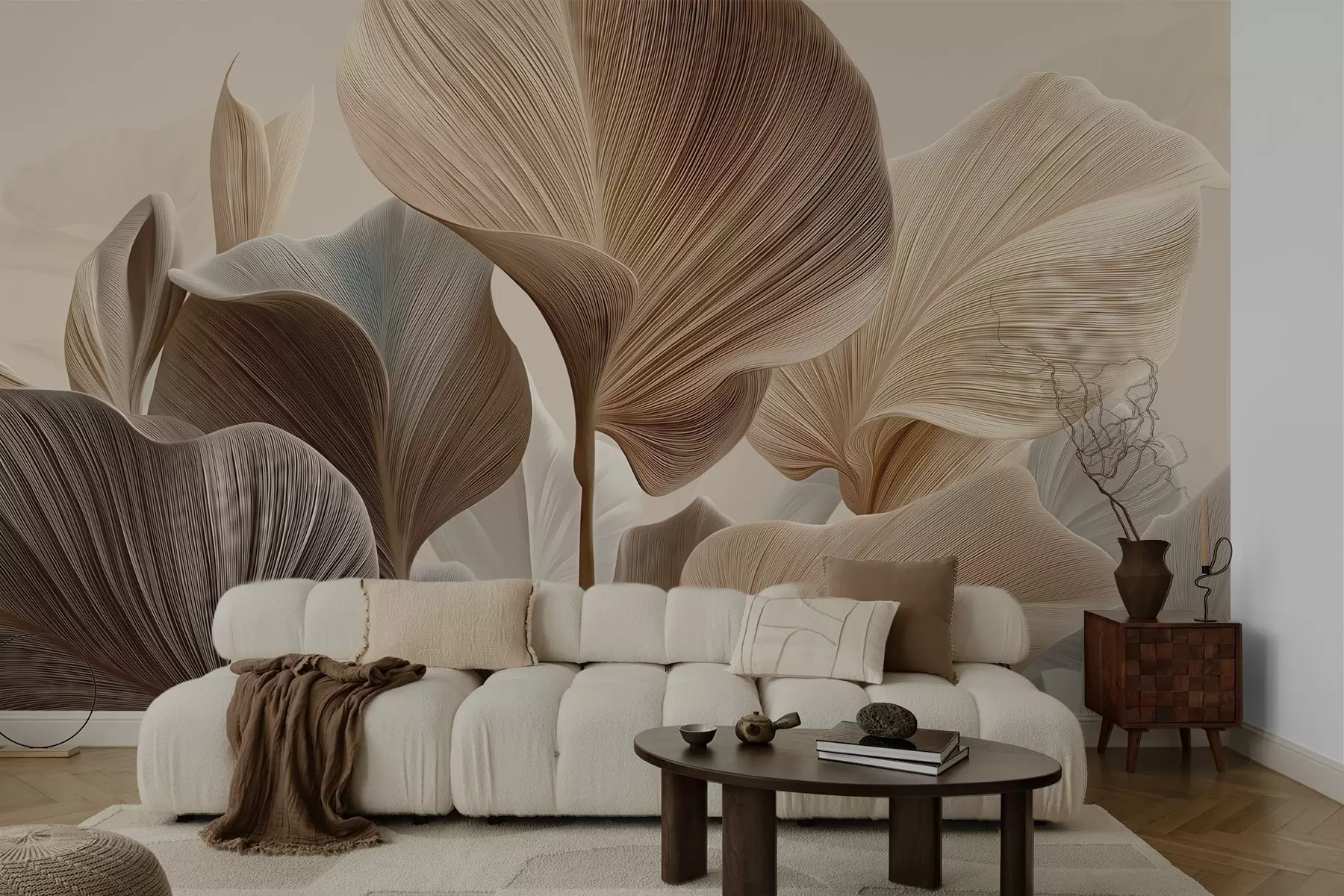 wall murals Елегантни беж листови са фином линеарном текстуром w04549