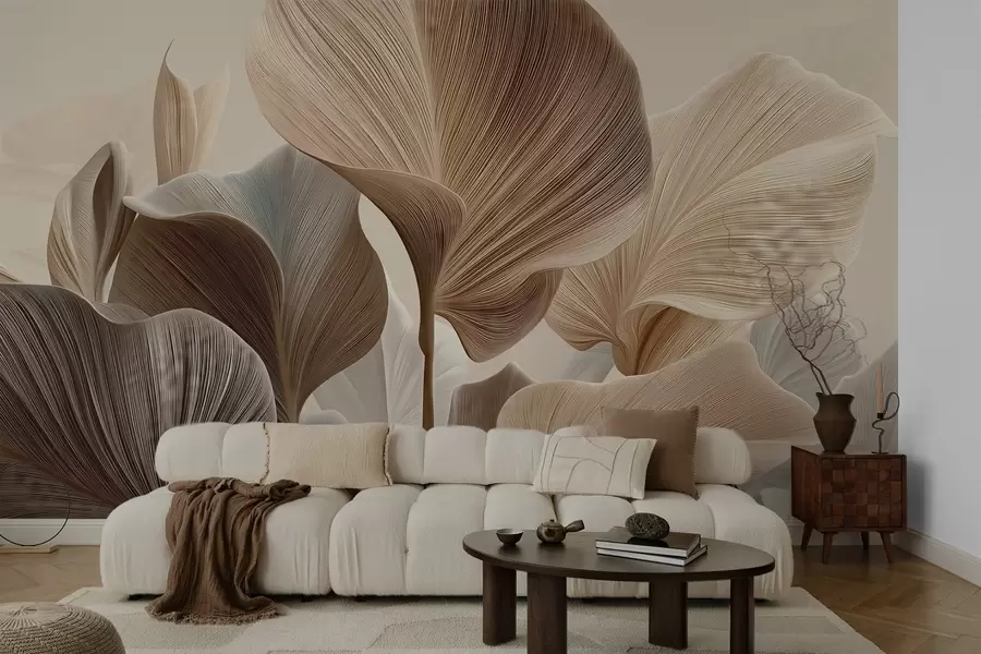 wall murals Елегантни беж листови са фином линеарном текстуром w04549