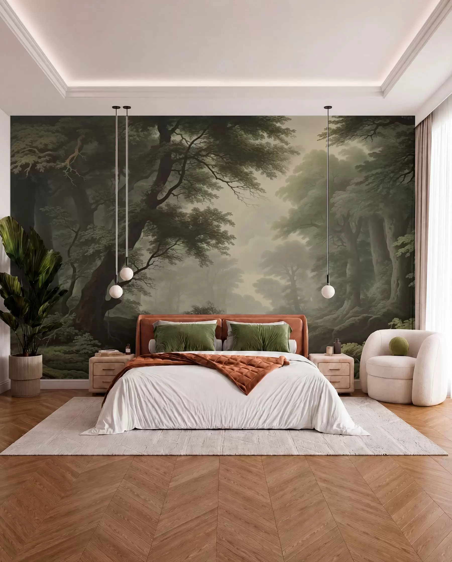 wall murals Магловита шума са реком и високим древним дрвећем w04555