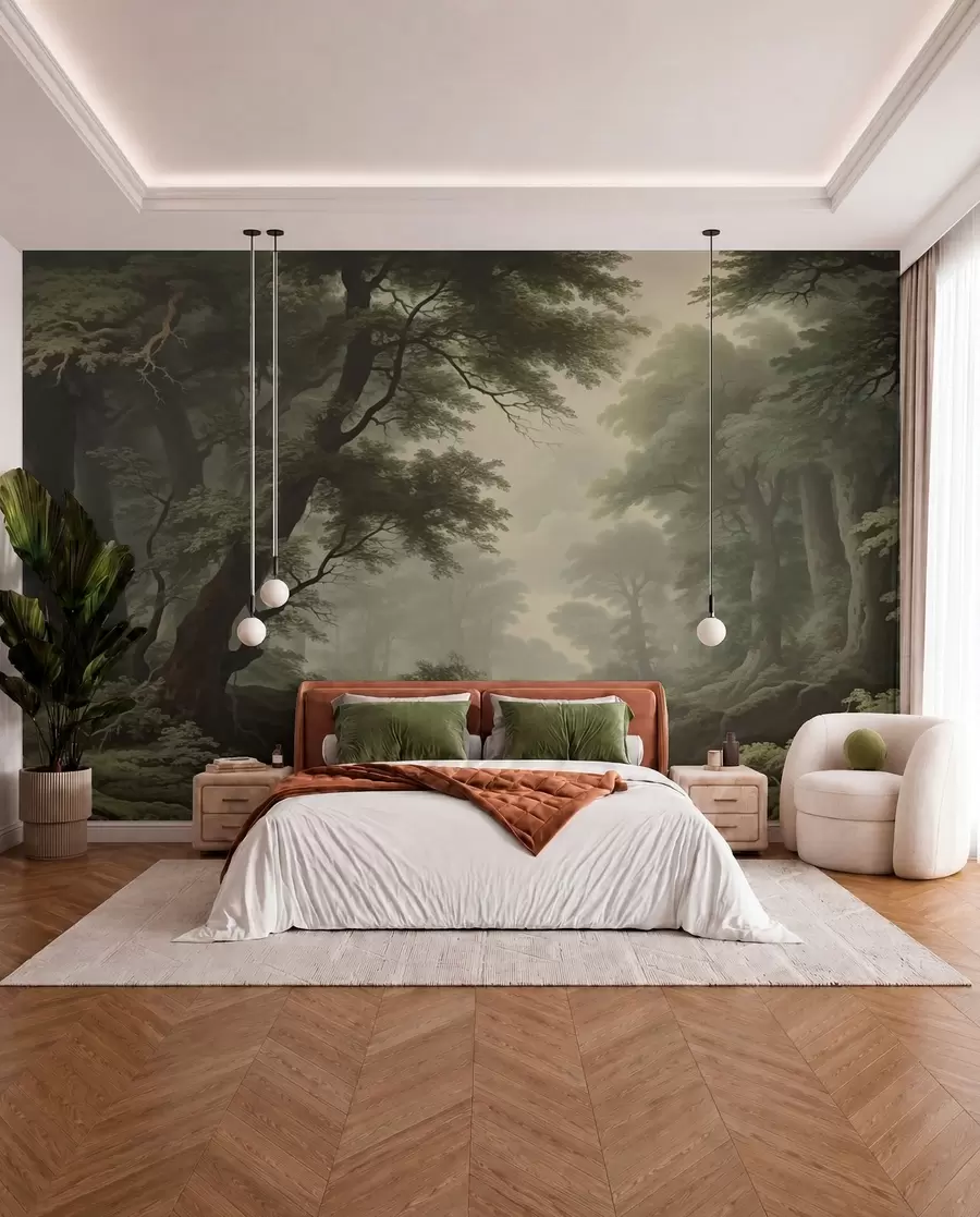wall murals Магловита шума са реком и високим древним дрвећем w04555