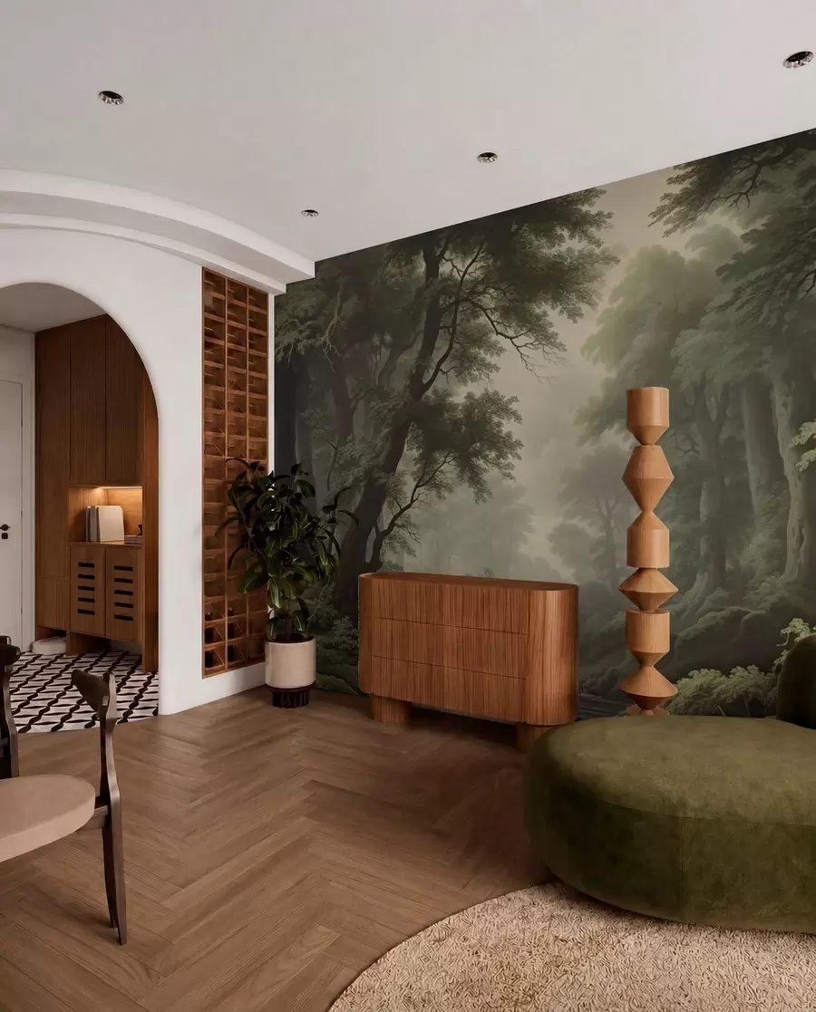 wall murals Магловита шума са реком и високим древним дрвећем w04555