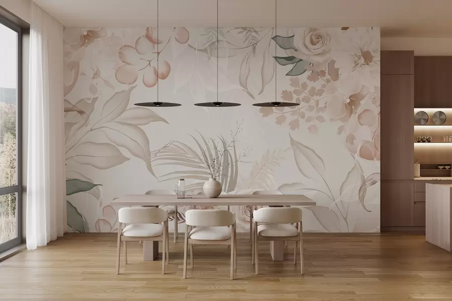 wall murals Цветни текстурирани аранжман са ружама, орхидејама, еукалиптусом и палминим листовима у пастелним бојама, беж позадина w09393