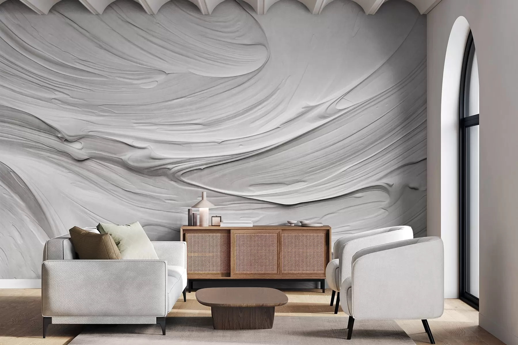 wall murals Имитација апстрактних текстурираних потеза беле боје са вртложним узорком, неутрална, минималистичка модерна композиција w09394
