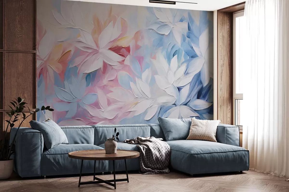 wall murals Бело текстурирано цвеће са ружичастим и плавим листовима, апстрактни стил уљаног сликарства, меки потези четкице, пастелне боје w09396
