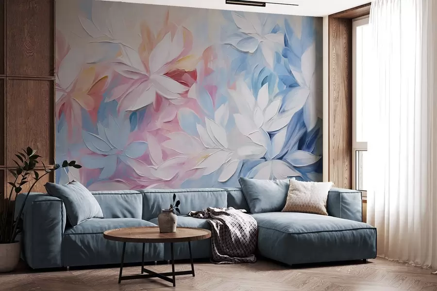 wall murals Бело текстурирано цвеће са ружичастим и плавим листовима, апстрактни стил уљаног сликарства, меки потези четкице, пастелне боје w09396