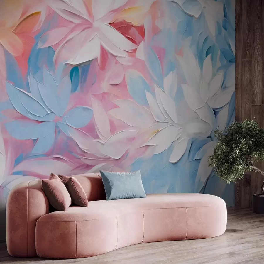 wall murals Бело текстурирано цвеће са ружичастим и плавим листовима, апстрактни стил уљаног сликарства, меки потези четкице, пастелне боје w09396