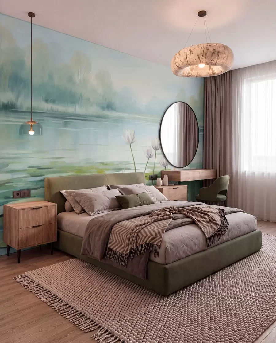 wall murals Пејзаж са језером, локвањама и листовима локвања, дрвећем у позадини, у мирном окружењу, светлоплави и зелени тонови w09395