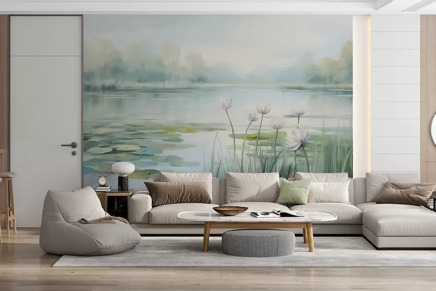 wall murals Пејзаж са језером, локвањама и листовима локвања, дрвећем у позадини, у мирном окружењу, светлоплави и зелени тонови w09395