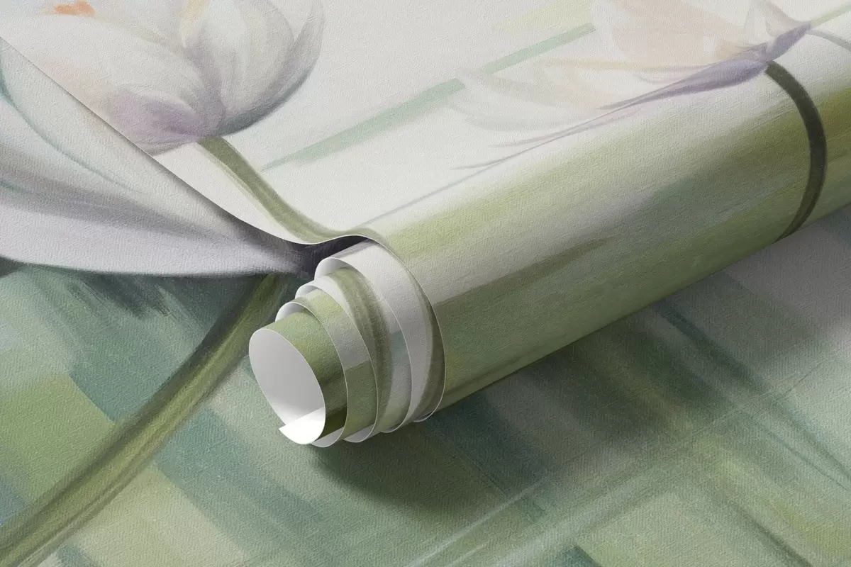 wall murals Пејзаж са језером, локвањама и листовима локвања, дрвећем у позадини, у мирном окружењу, светлоплави и зелени тонови w09395