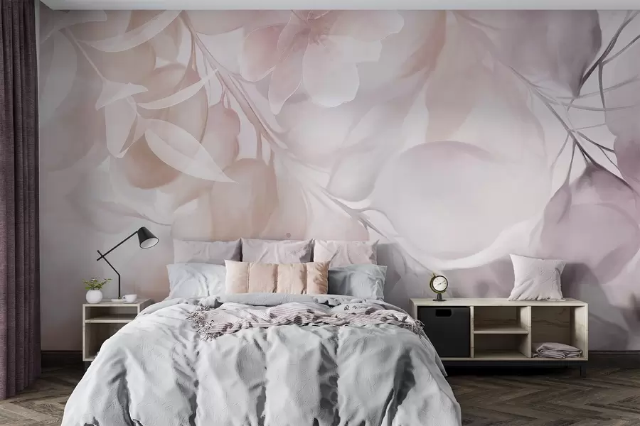 wall murals Цветна уметност са пригушеним беж и смеђим цветовима, лишћем и гранама, меким пастелним бојама, ефектом текстуре акварела w09397