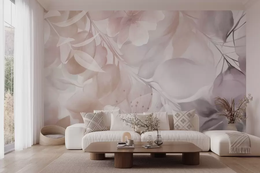 wall murals Цветна уметност са пригушеним беж и смеђим цветовима, лишћем и гранама, меким пастелним бојама, ефектом текстуре акварела w09397