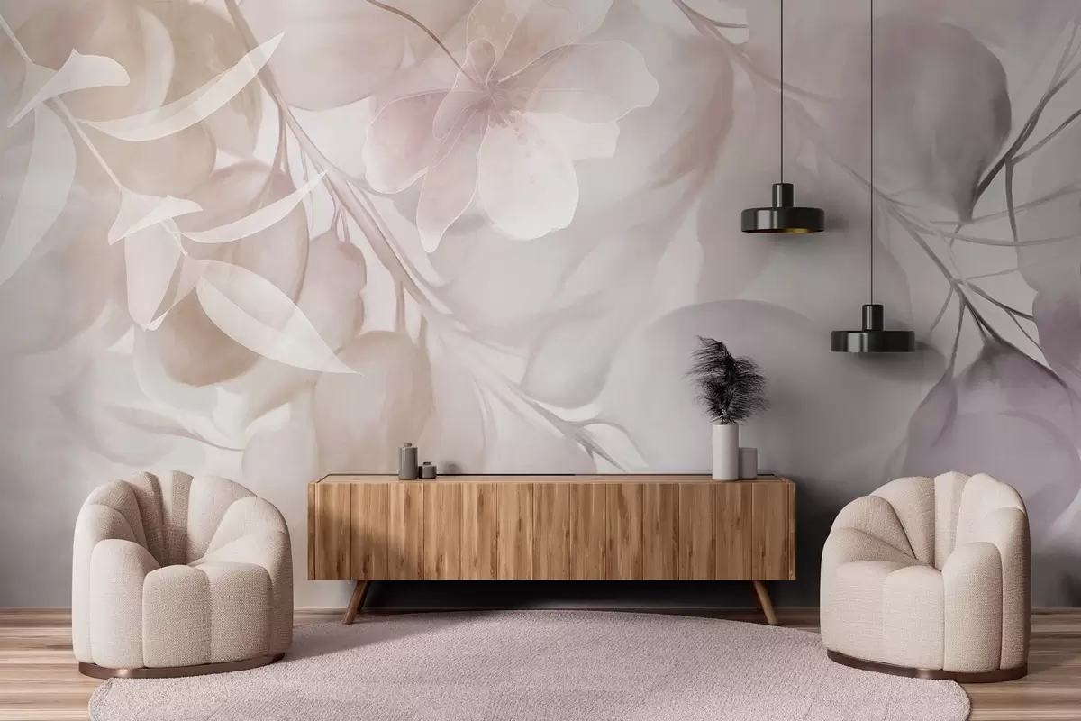 wall murals Цветна уметност са пригушеним беж и смеђим цветовима, лишћем и гранама, меким пастелним бојама, ефектом текстуре акварела w09397