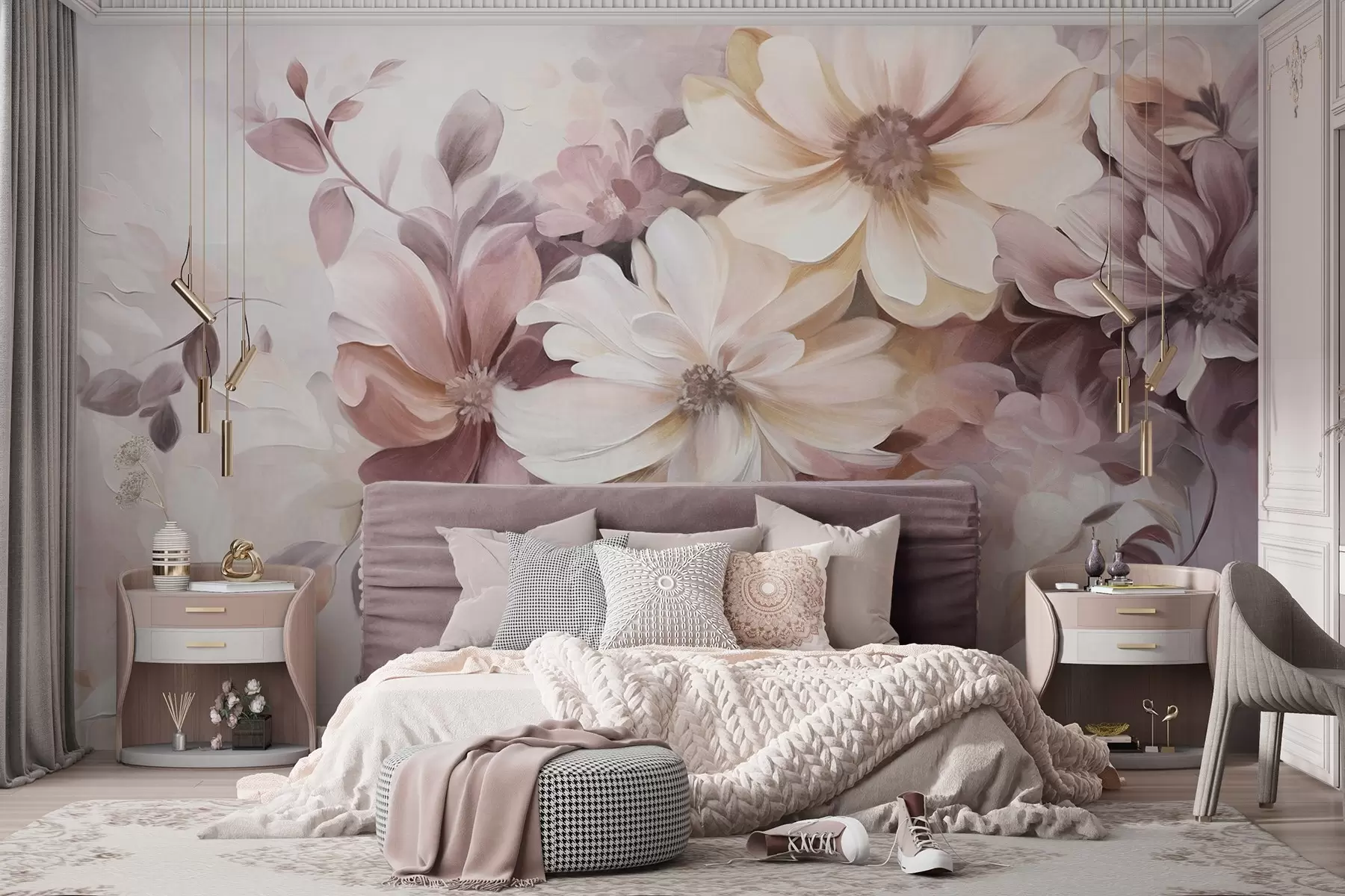 wall murals Цветни аранжман са великим текстурираним цветовима нежних боја у нијансама бордо, брескве и беле, са нежним листовима w09398
