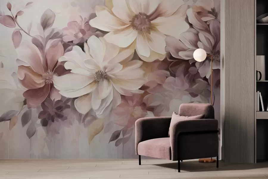 wall murals Цветни аранжман са великим текстурираним цветовима нежних боја у нијансама бордо, брескве и беле, са нежним листовима w09398