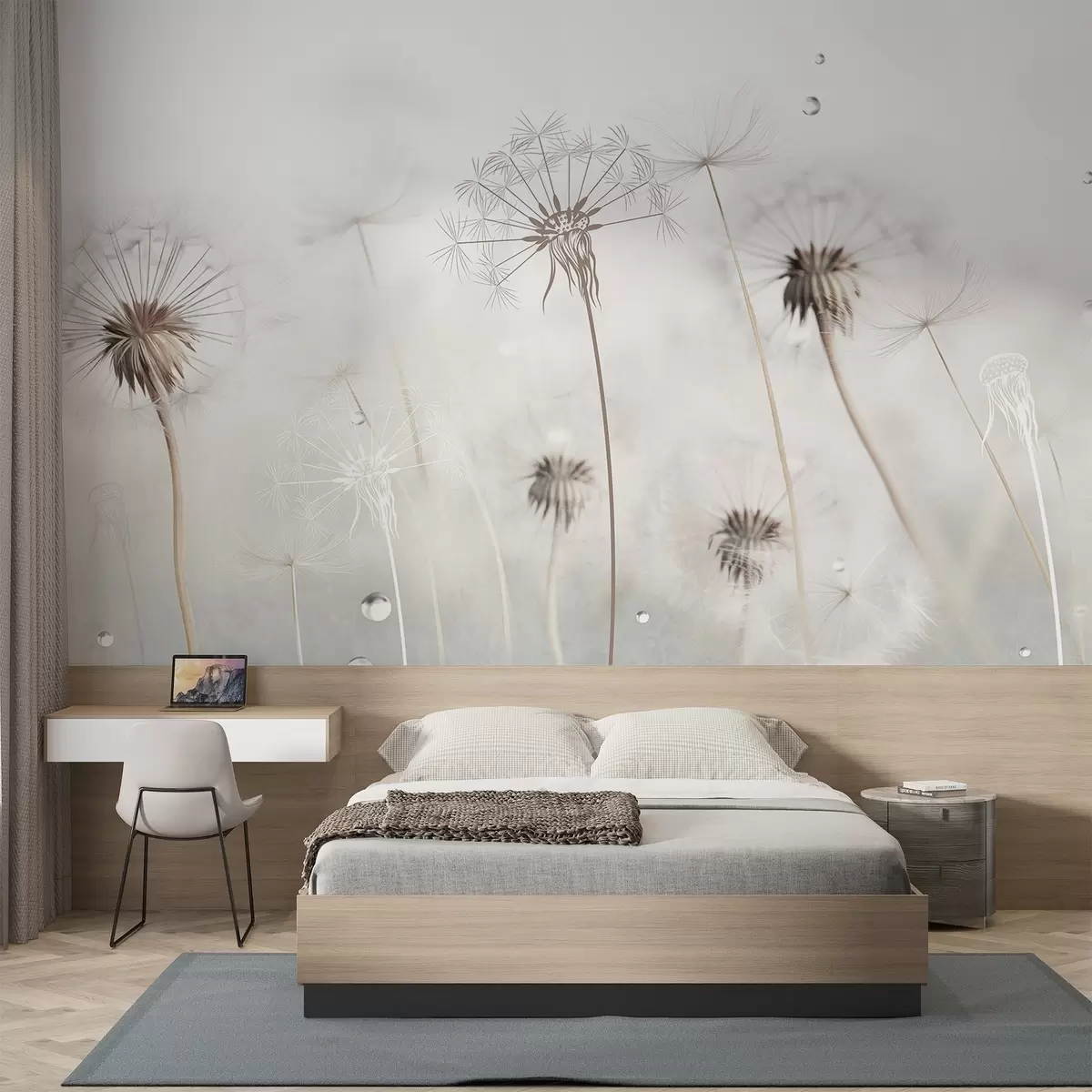 wall murals Маслачци са капљицама воде, бела позадина, изблиза, меко светло, природа, ботаничко, етерично, нежно, минималистички w09399