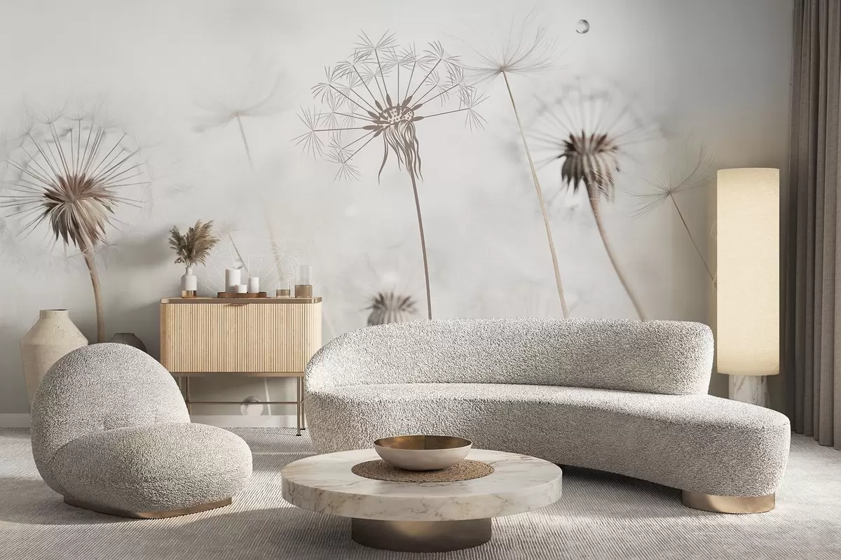 wall murals Маслачци са капљицама воде, бела позадина, изблиза, меко светло, природа, ботаничко, етерично, нежно, минималистички w09399