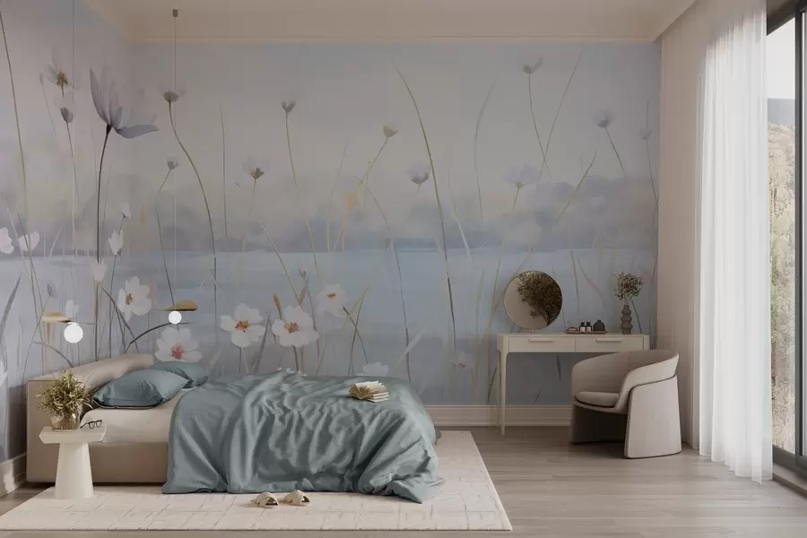 wall murals Бело цвеће са дугим стабљикама у пољу, светло плаво небо, меке боје, текстурирано, минималистички стил, инспирисано природом, мирна позадина w09401