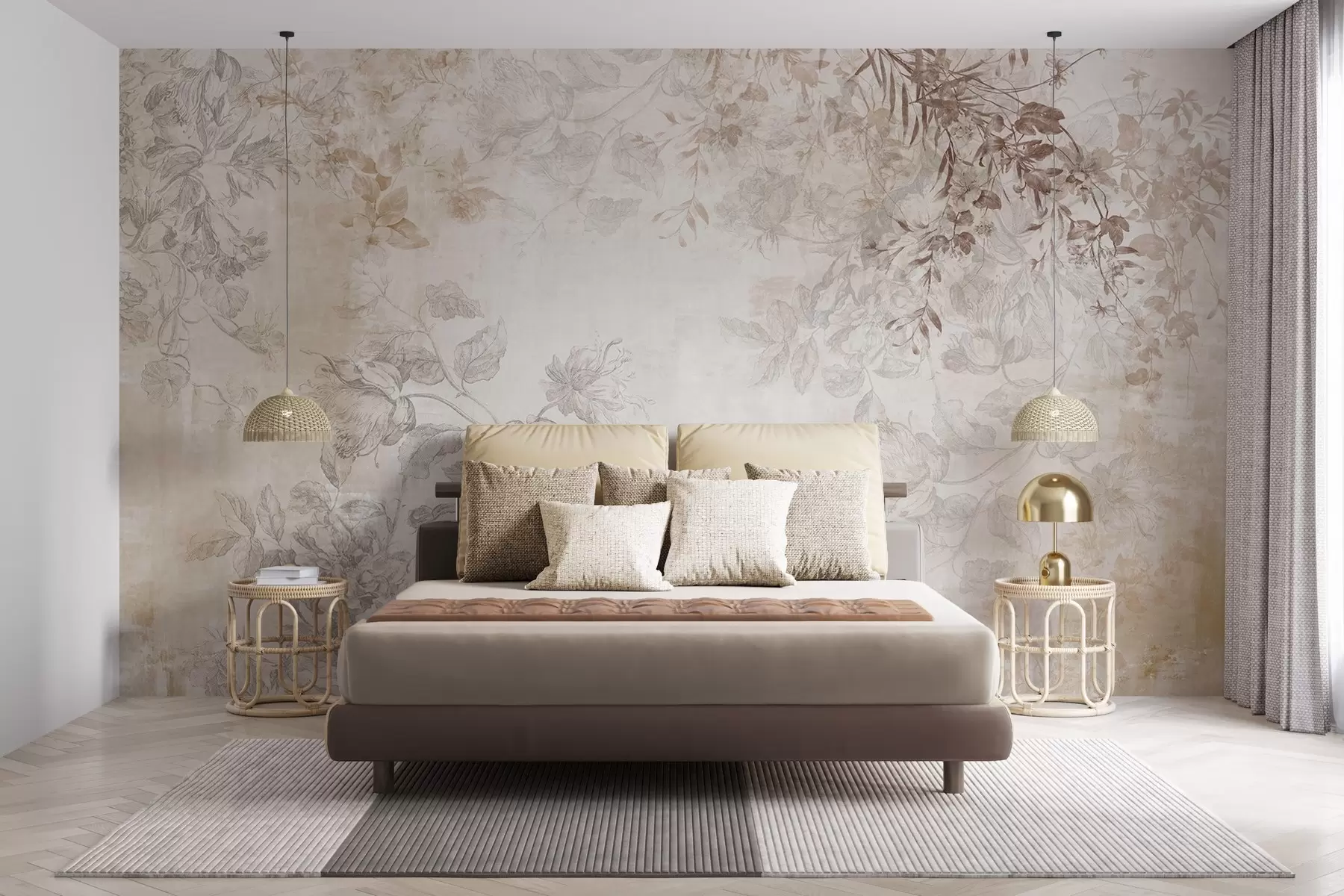 wall murals Винтаге текстурирана цветна уметност са илустрацијама нежног баштенског цвећа и лишћа у стилу цртања, меки пастелни беж и сепија тонови w09402
