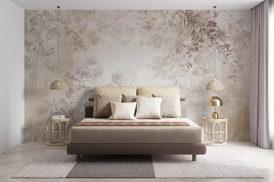 wall murals Винтаге текстурирана цветна уметност са илустрацијама нежног баштенског цвећа и лишћа у стилу цртања, меки пастелни беж и сепија тонови w09402