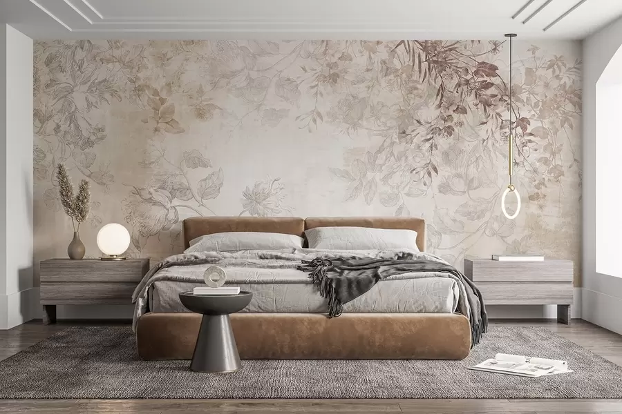 wall murals Винтаге текстурирана цветна уметност са илустрацијама нежног баштенског цвећа и лишћа у стилу цртања, меки пастелни беж и сепија тонови w09402