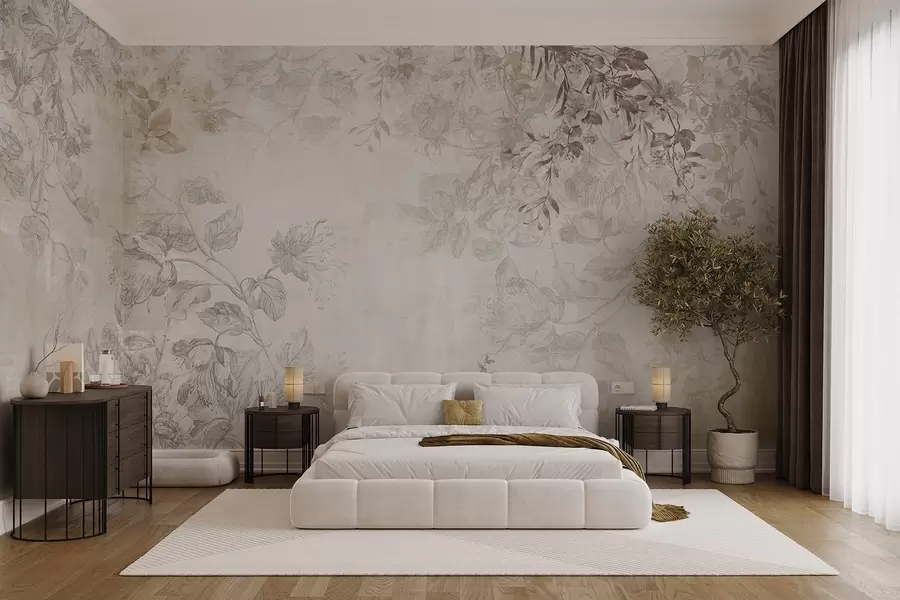 wall murals Винтаге текстурирана цветна уметност са илустрацијама нежног баштенског цвећа и лишћа у стилу цртања, меки пастелни беж и сепија тонови w09402