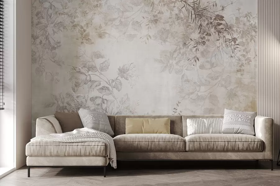 wall murals Винтаге текстурирана цветна уметност са илустрацијама нежног баштенског цвећа и лишћа у стилу цртања, меки пастелни беж и сепија тонови w09402