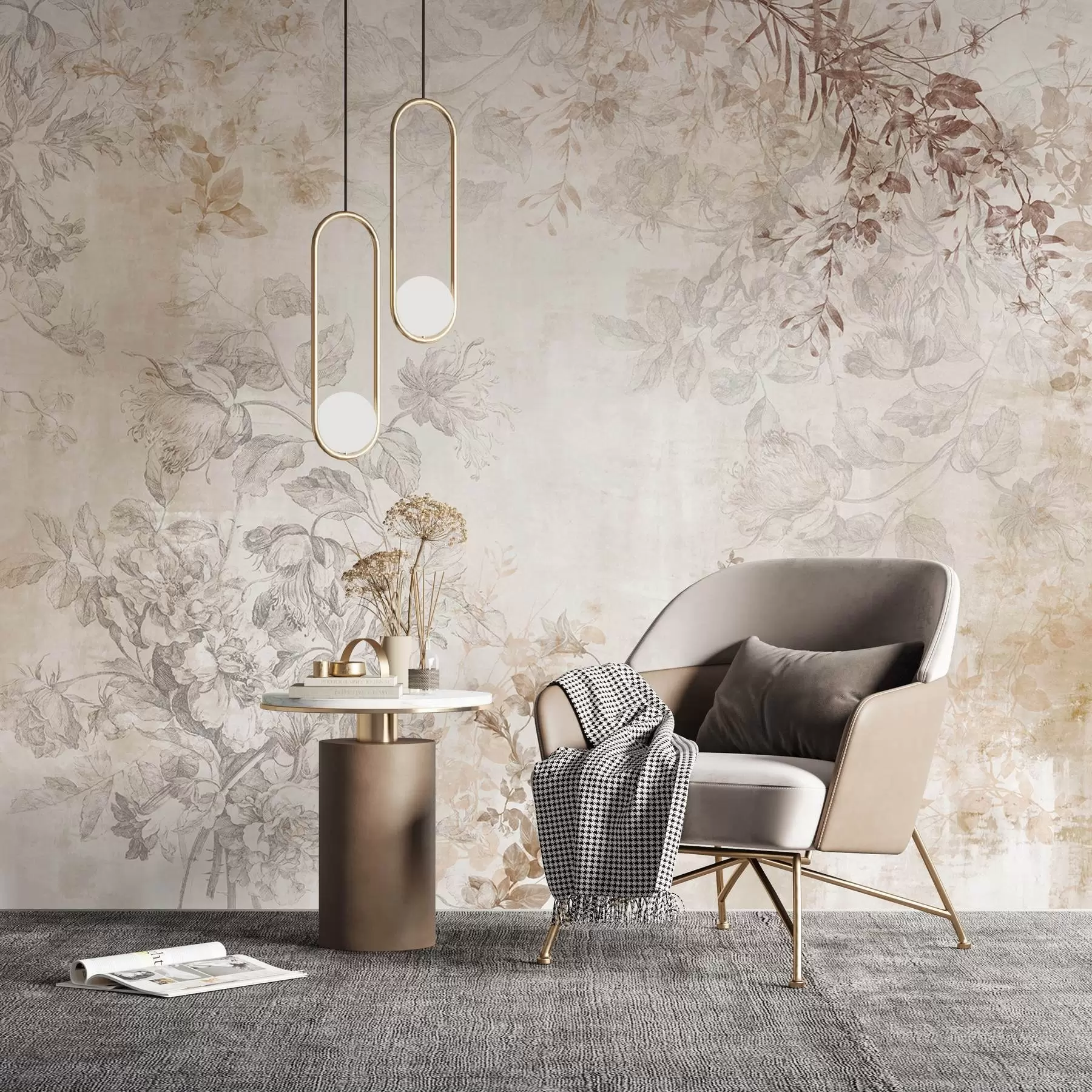 wall murals Винтаге текстурирана цветна уметност са илустрацијама нежног баштенског цвећа и лишћа у стилу цртања, меки пастелни беж и сепија тонови w09402