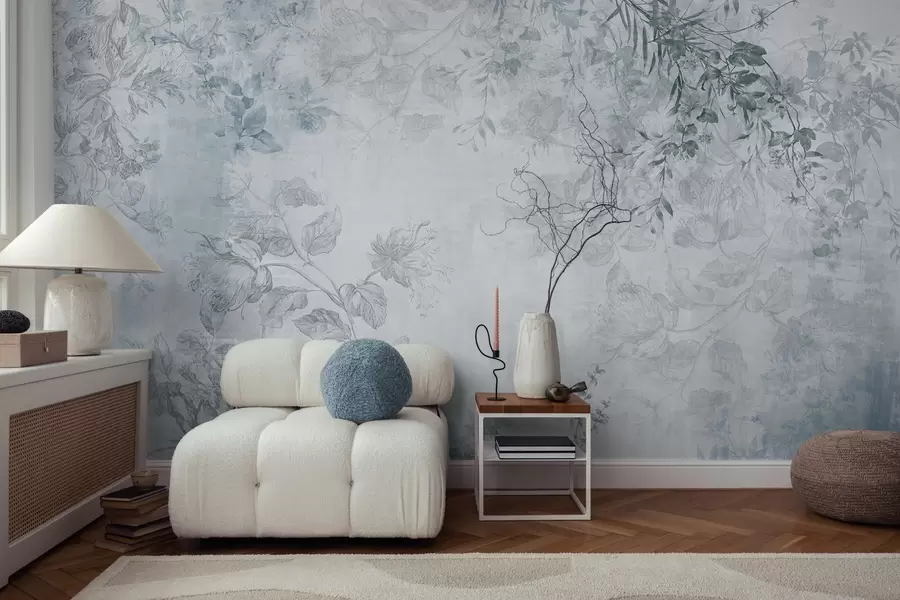 wall murals Винтаге текстурирана цветна уметност са илустрацијама нежног баштенског цвећа и лишћа у стилу цртања, меки плави тонови w09402v1