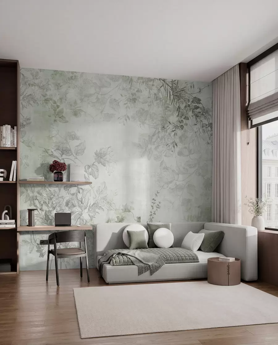 wall murals Винтаге текстурирана цветна уметност са илустрацијама нежног баштенског цвећа и лишћа у стилу цртања, меки зелени тонови w09402v2