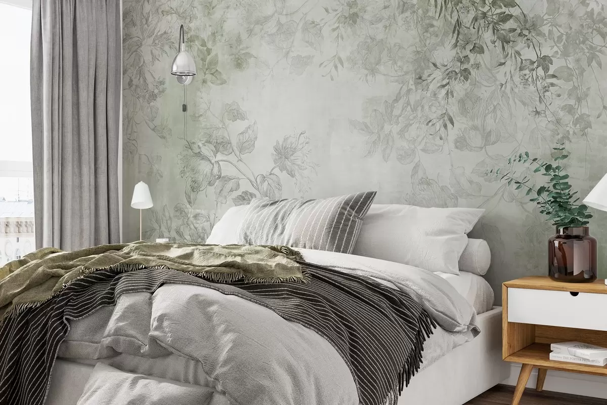 wall murals Винтаге текстурирана цветна уметност са илустрацијама нежног баштенског цвећа и лишћа у стилу цртања, меки зелени тонови w09402v2