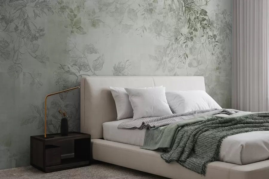 wall murals Винтаге текстурирана цветна уметност са илустрацијама нежног баштенског цвећа и лишћа у стилу цртања, меки зелени тонови w09402v2