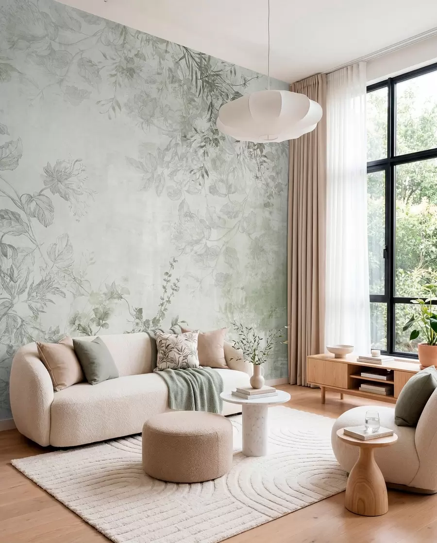 wall murals Винтаге текстурирана цветна уметност са илустрацијама нежног баштенског цвећа и лишћа у стилу цртања, меки зелени тонови w09402v2
