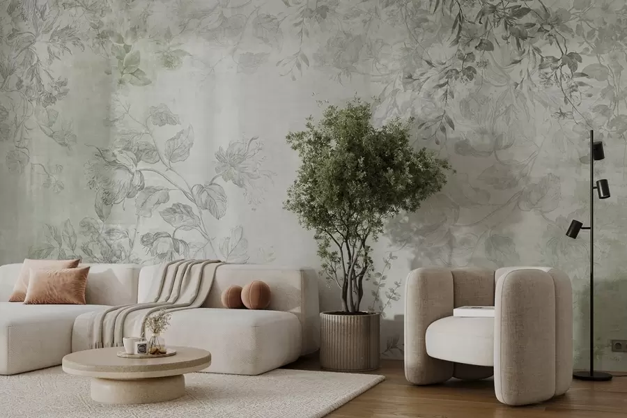 wall murals Винтаге текстурирана цветна уметност са илустрацијама нежног баштенског цвећа и лишћа у стилу цртања, меки зелени тонови w09402v2