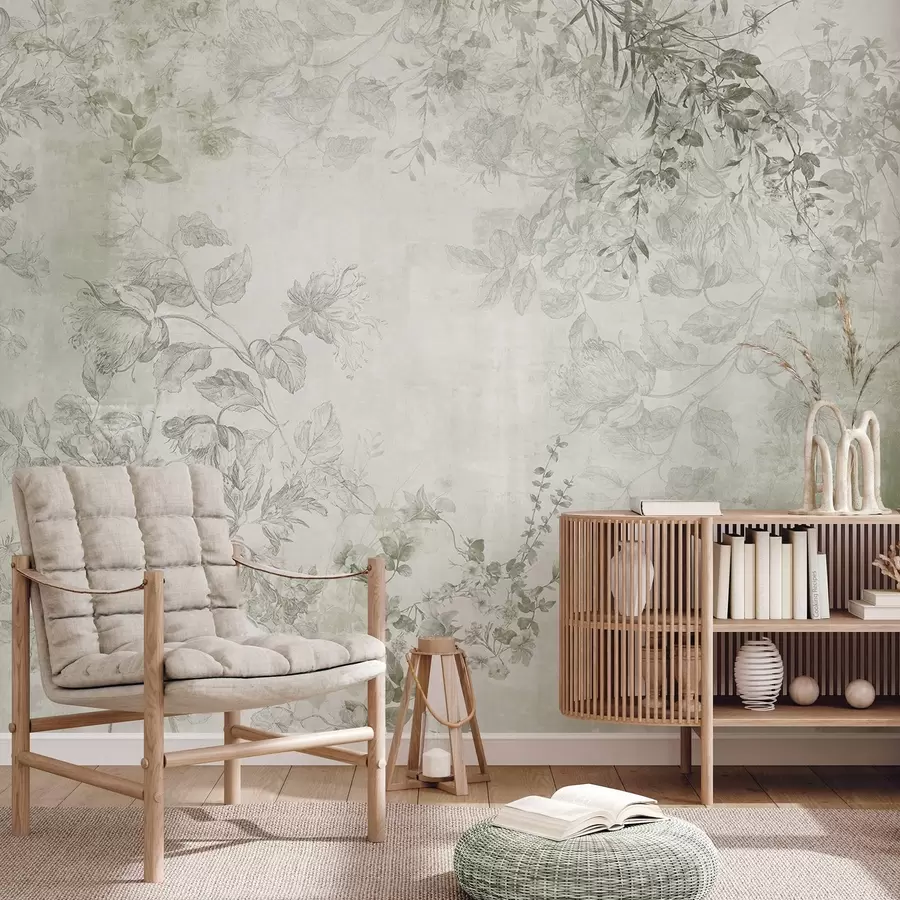 wall murals Винтаге текстурирана цветна уметност са илустрацијама нежног баштенског цвећа и лишћа у стилу цртања, меки зелени тонови w09402v2