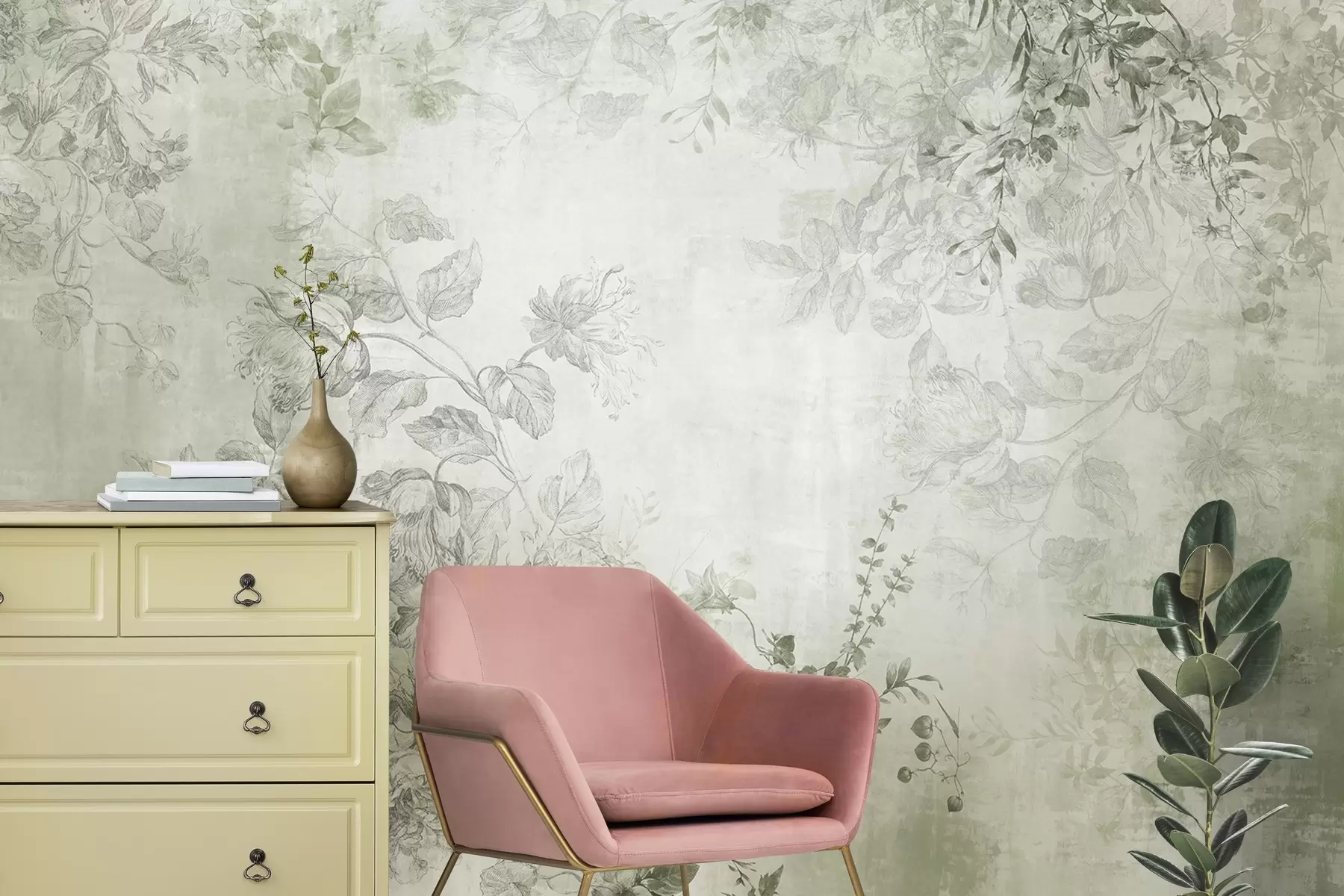 wall murals Винтаге текстурирана цветна уметност са илустрацијама нежног баштенског цвећа и лишћа у стилу цртања, меки зелени тонови w09402v2