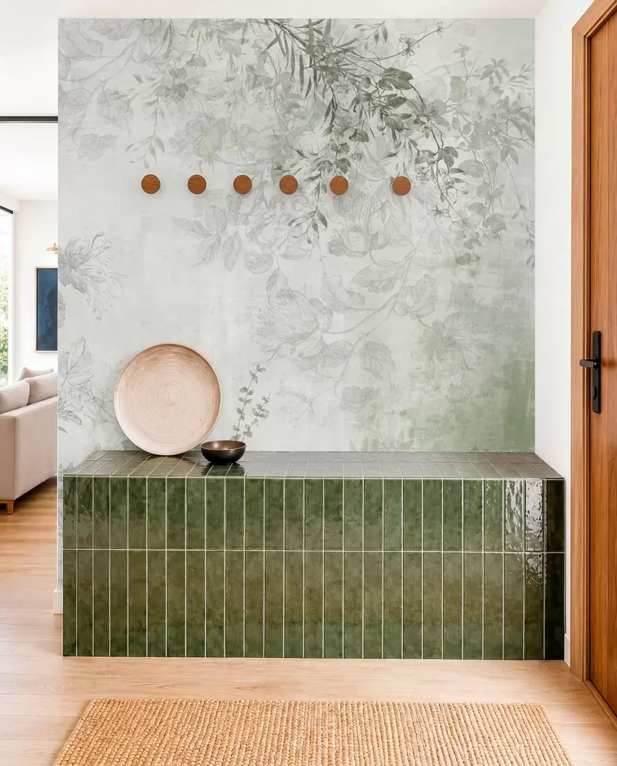 wall murals Винтаге текстурирана цветна уметност са илустрацијама нежног баштенског цвећа и лишћа у стилу цртања, меки зелени тонови w09402v2