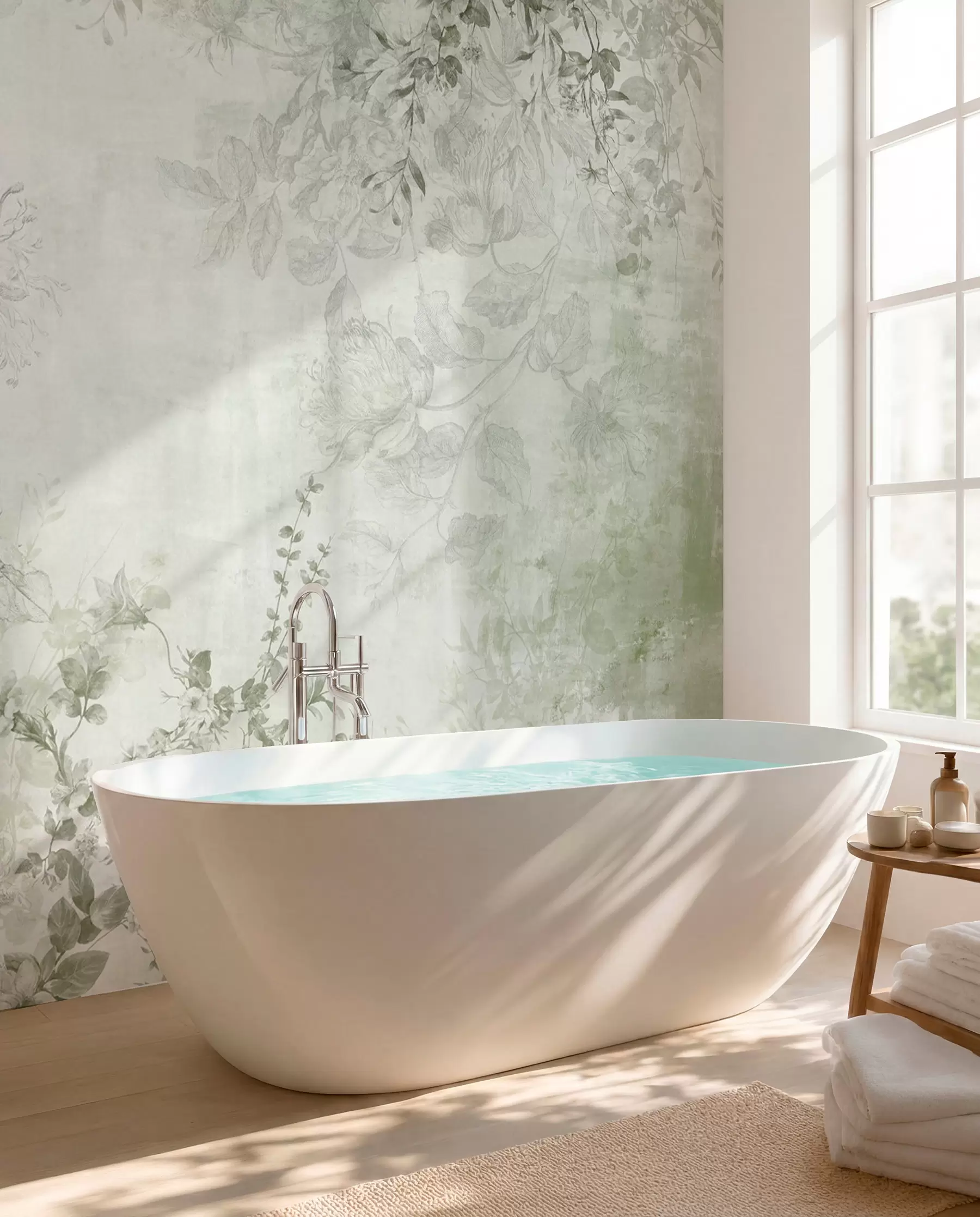 wall murals Винтаге текстурирана цветна уметност са илустрацијама нежног баштенског цвећа и лишћа у стилу цртања, меки зелени тонови w09402v2