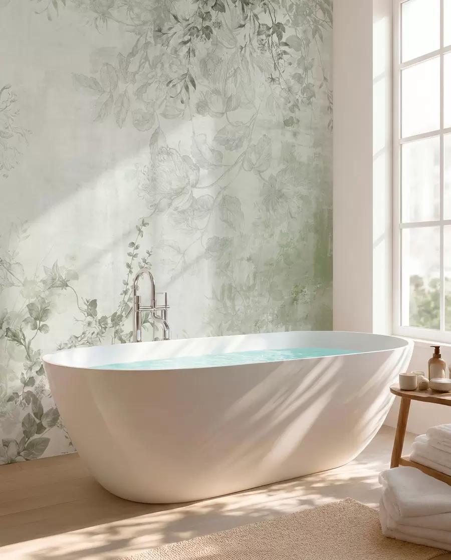 wall murals Винтаге текстурирана цветна уметност са илустрацијама нежног баштенског цвећа и лишћа у стилу цртања, меки зелени тонови w09402v2