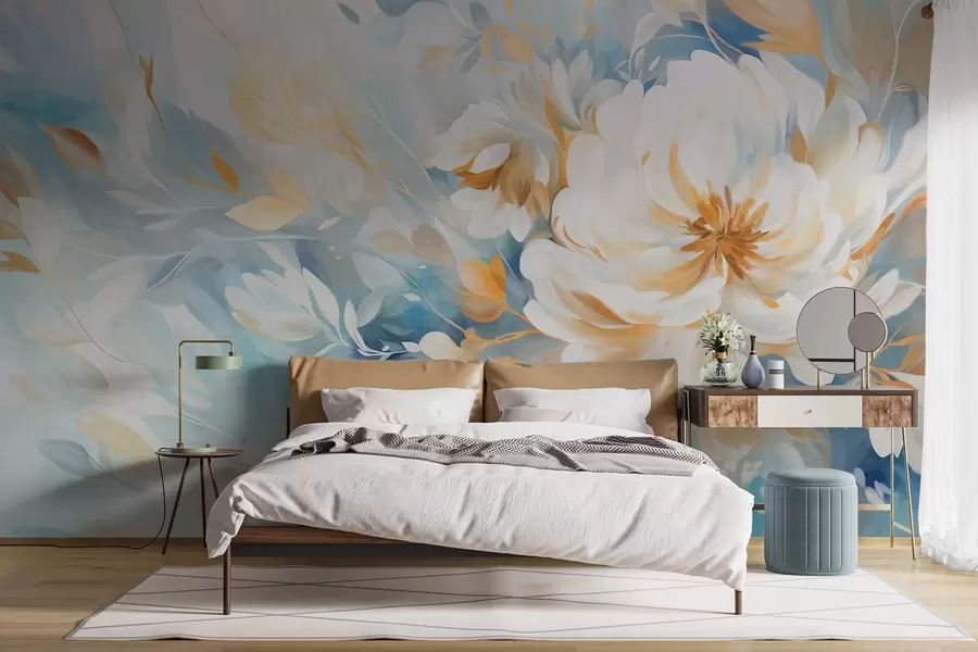 wall murals Текстурирани бели цвет са плавим и жутим детаљима и листовима на плавој и белој апстрактној позадини, стил сликања w09403