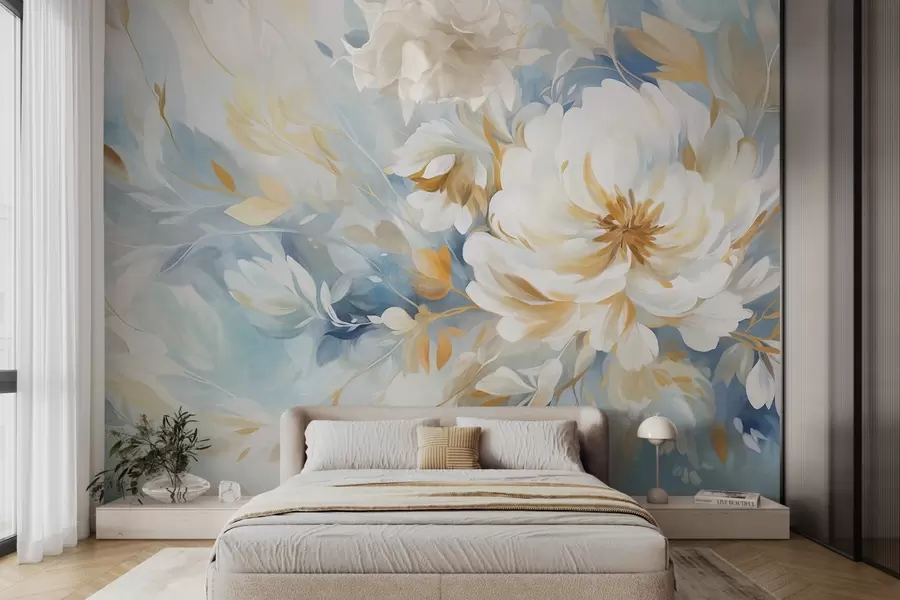 wall murals Текстурирани бели цвет са плавим и жутим детаљима и листовима на плавој и белој апстрактној позадини, стил сликања w09403