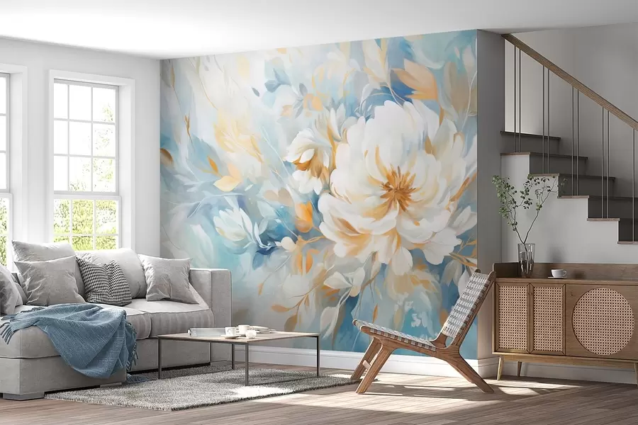 wall murals Текстурирани бели цвет са плавим и жутим детаљима и листовима на плавој и белој апстрактној позадини, стил сликања w09403