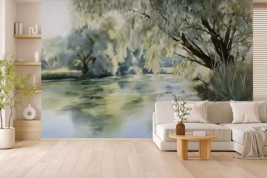 wall murals Дрво изнад језера у акварелном стилу w04501