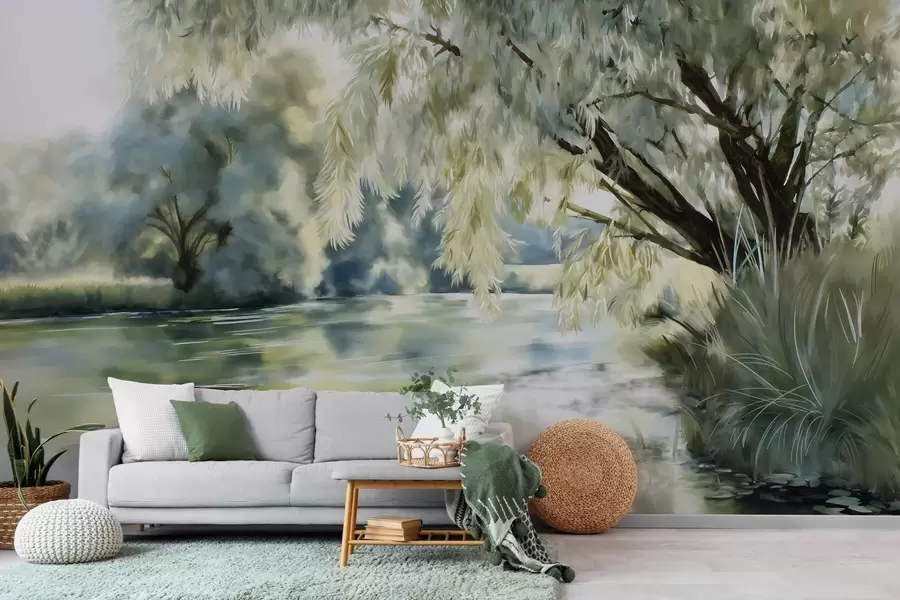 wall murals Дрво изнад језера у акварелном стилу w04501